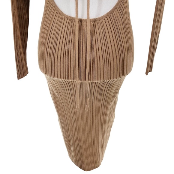 Petal & Pup NEW Milleri Long Sleeve Open Back Ribbed Dress in Camel Tan Size 6 - Picture 9 of 12